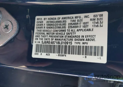 2008 Honda Cr-V Ex-L из США, поврежденный, VIN 5J6RE48718L010915